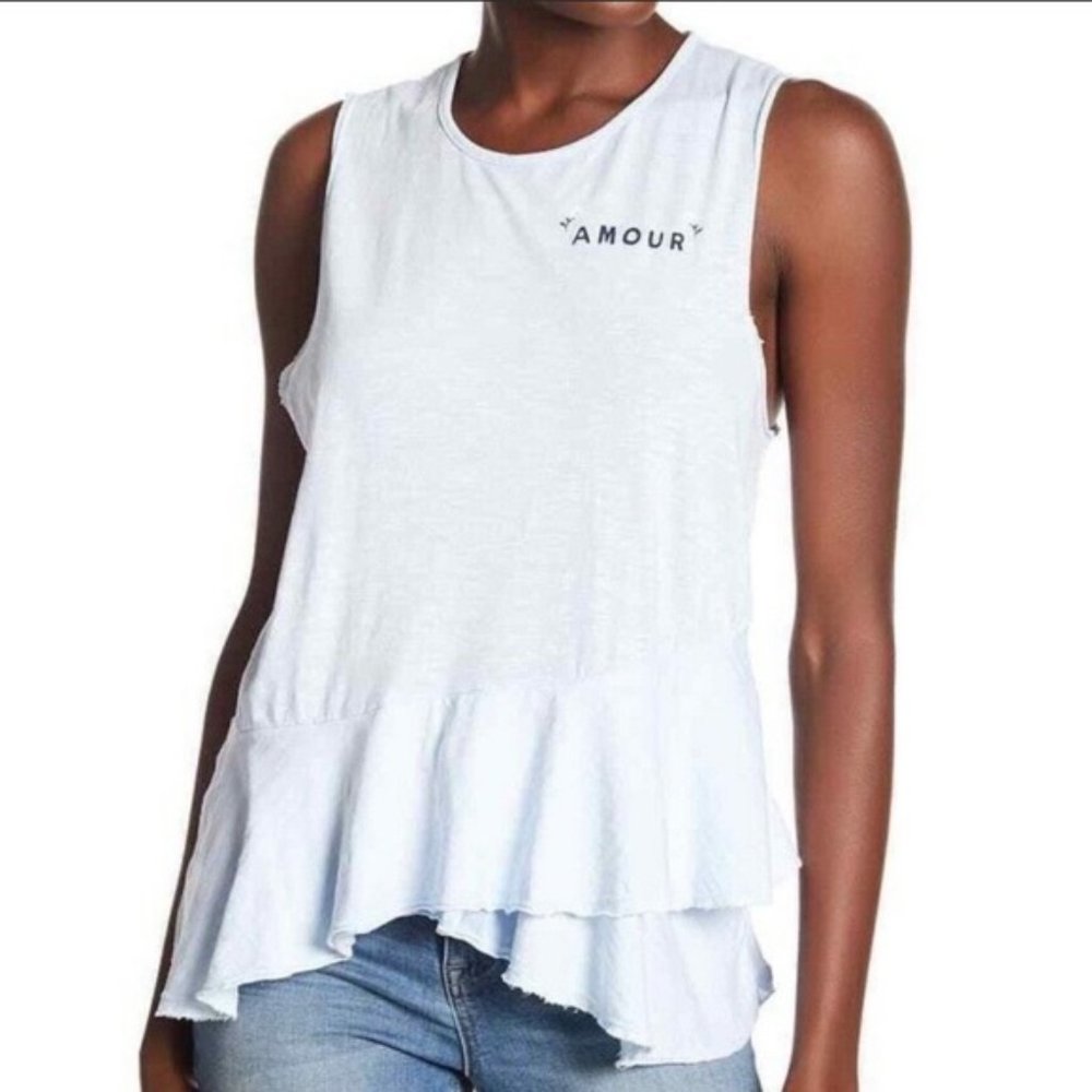 Sundry Amour Peplum Surf Baby Blue Printed Cotton Tank